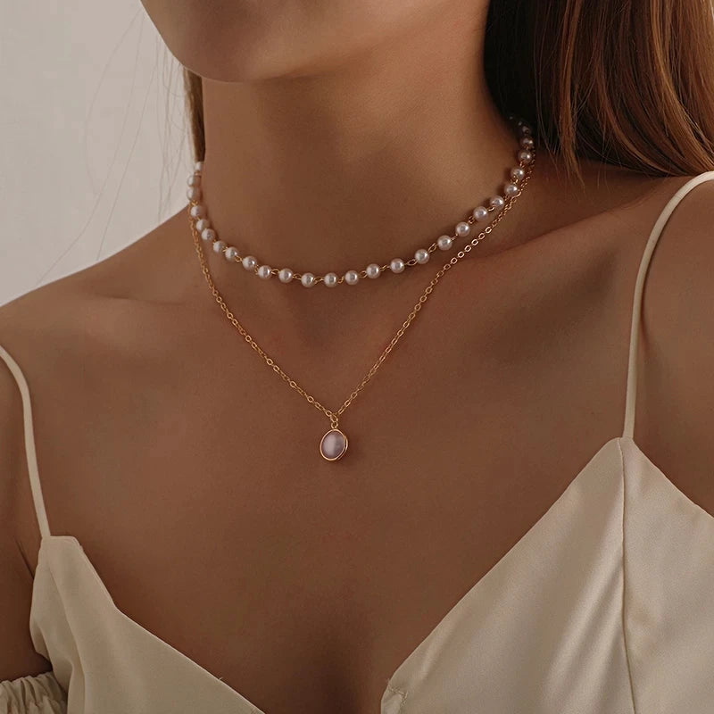 Layered Pearl Thick Chains Pendant Necklace