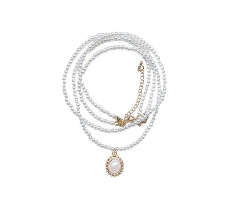 Layered Pearl Thick Chains Pendant Necklace