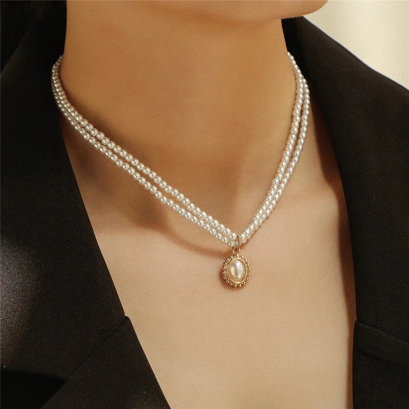 Layered Pearl Thick Chains Pendant Necklace