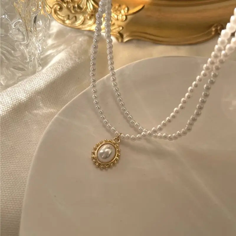 Layered Pearl Thick Chains Pendant Necklace