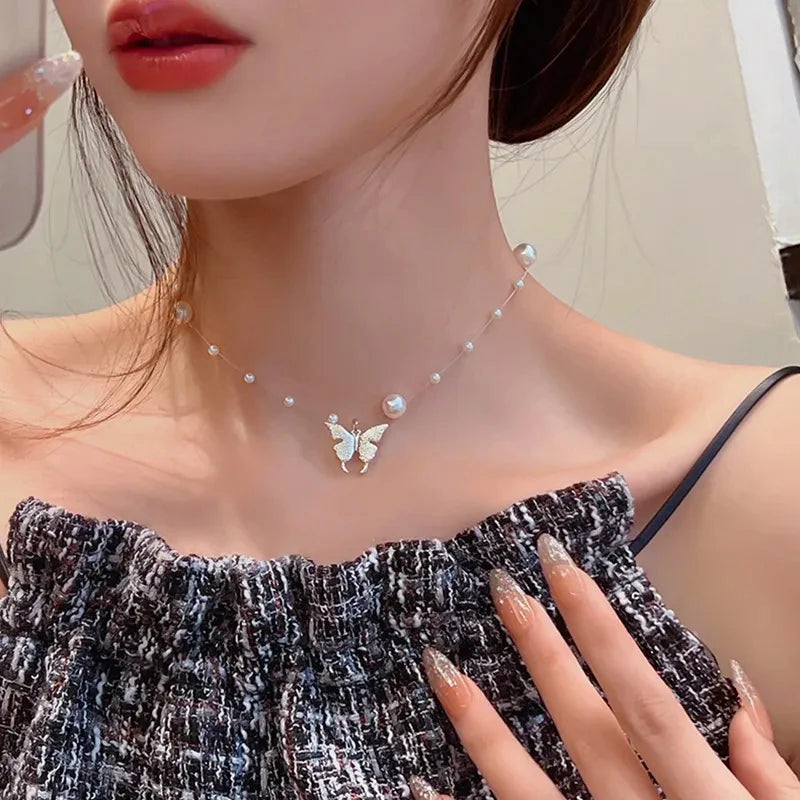 Luxury Trendy Butterfly Imitation Pearl Necklace