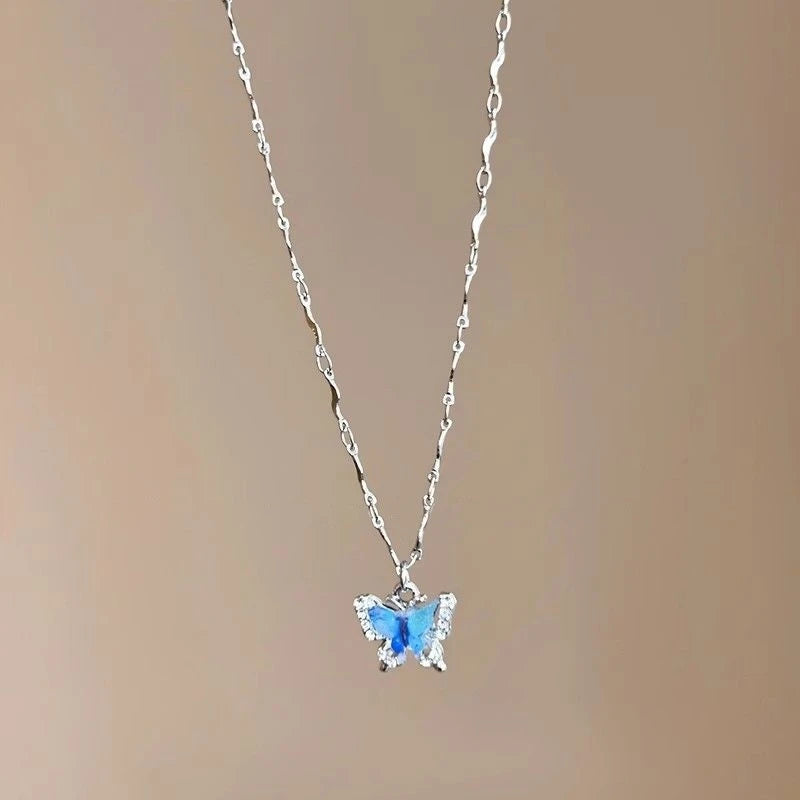 Romantic Blue Shiny Zircon Crystal Butterfly Necklace