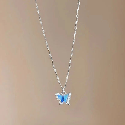 Romantic Blue Shiny Zircon Crystal Butterfly Necklace