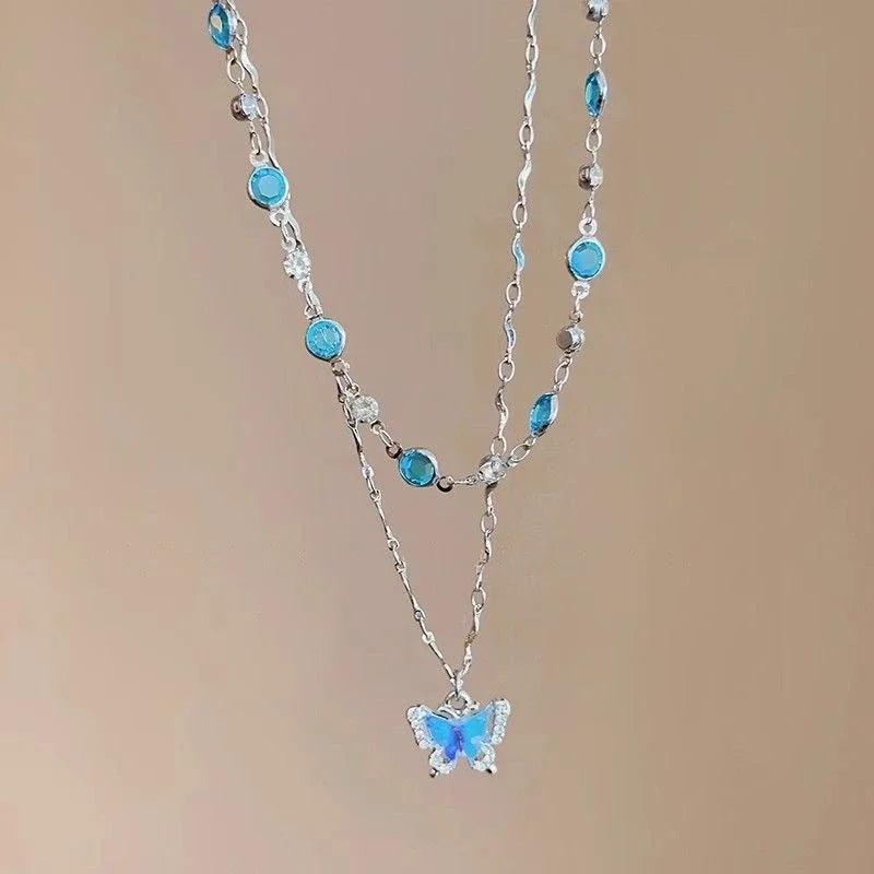 Romantic Blue Shiny Zircon Crystal Butterfly Necklace