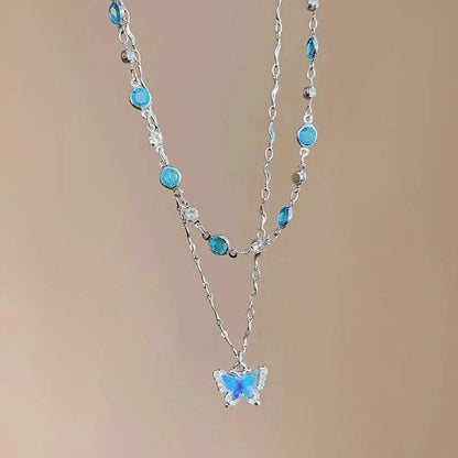 Romantic Blue Shiny Zircon Crystal Butterfly Necklace