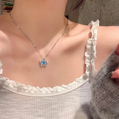 Romantic Blue Shiny Zircon Crystal Butterfly Necklace