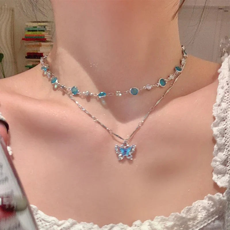 Romantic Blue Shiny Zircon Crystal Butterfly Necklace