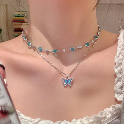 Romantic Blue Shiny Zircon Crystal Butterfly Necklace