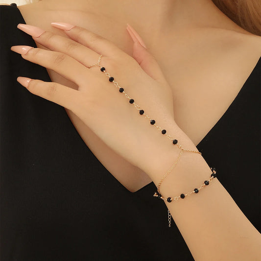 Black Beads Finger Ring Link Chain Bracelets