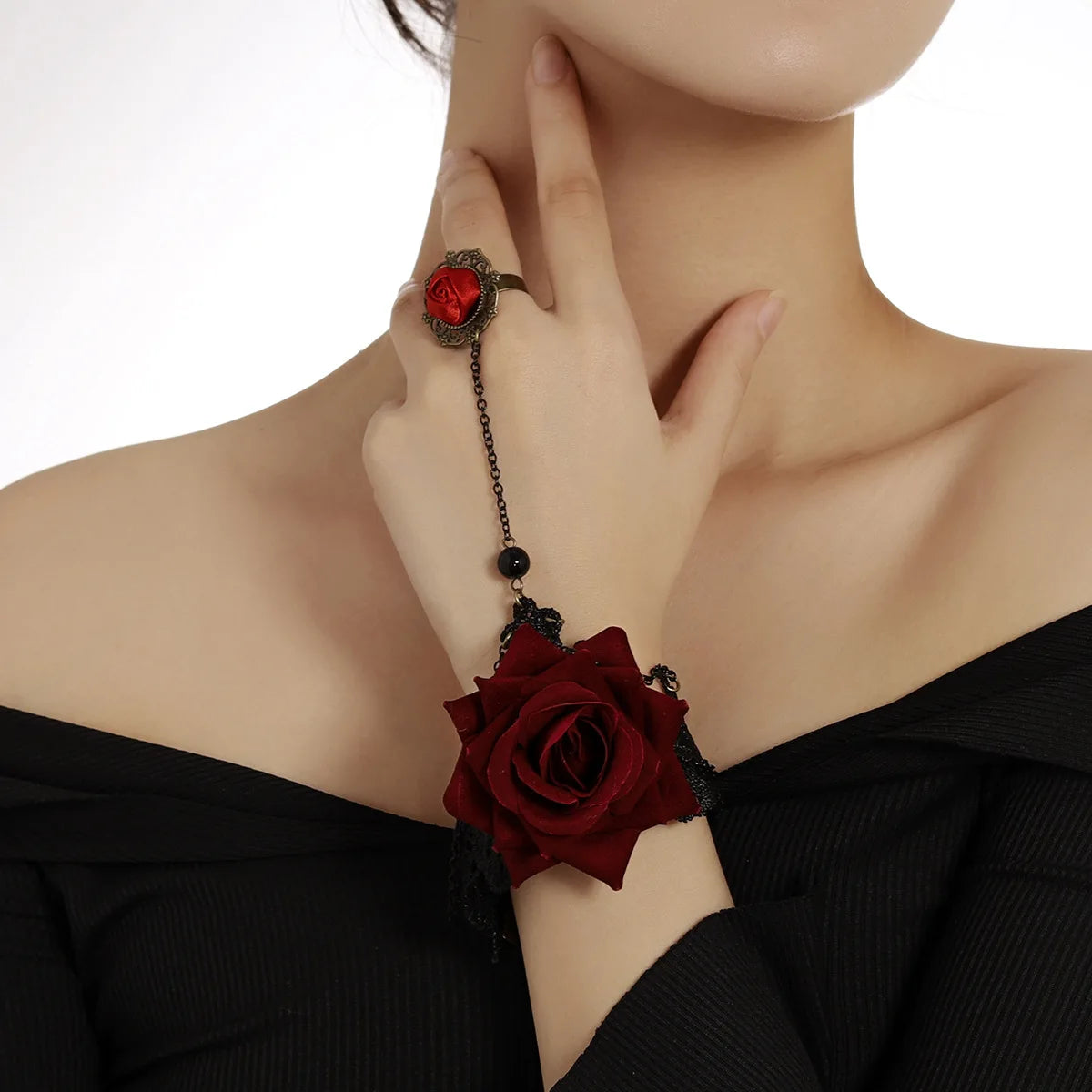 Gothic Dark wind lace rose finger bracelet