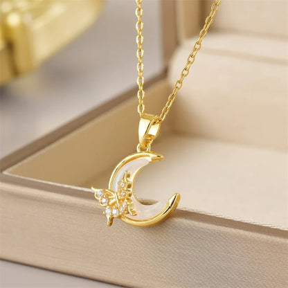 Moon Micro Zircons Butterfly Necklace