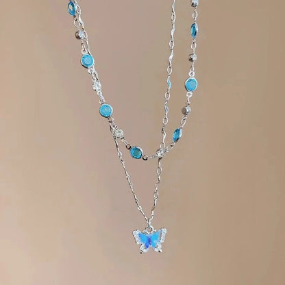 Romantic Blue Shiny Zircon Crystal Butterfly Necklace