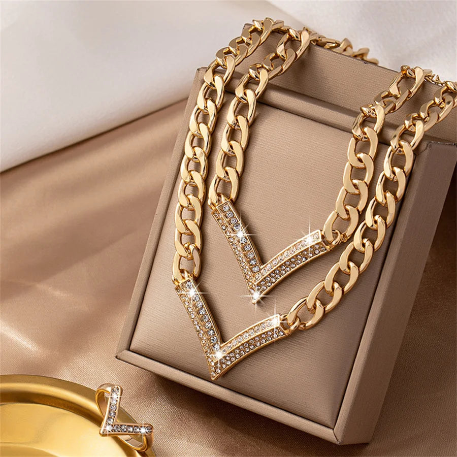 Korean Flat Cuba Snake Chain V Necklace