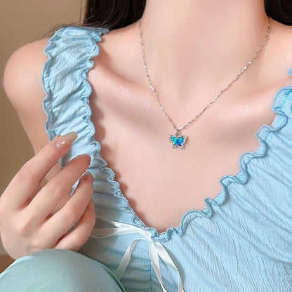 Romantic Blue Shiny Zircon Crystal Butterfly Necklace